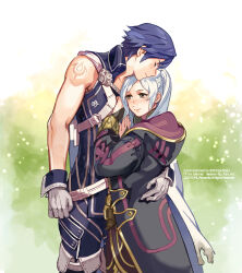 1boy 1girl absurdres artist_name black_robe blue_hair braid chrom_(fire_emblem) closed_eyes closed_mouth commentary commission commissioner_name couple english_commentary female_robin_(fire_emblem) fire_emblem fire_emblem_awakening gloves hetero highres hug kohiu long_hair long_sleeves nintendo robe short_hair single_sleeve smile standing twintails watermark white_gloves white_hair