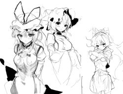 3girls blush bow bra breasts crossed_arms dress gap_(touhou) hair_between_eyes hair_bow hat highres hood hoodie light_smile long_hair long_sleeves looking_at_viewer medium_breasts medium_hair mob_cap monochrome multiple_girls navel ponytail sesmkun short_sleeves sketch skirt small_breasts tabard touhou underwear undressing very_long_hair white_background yakumo_ran yakumo_yukari yorigami_shion