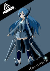 1girl absurdres armored_boots blue_eyes blue_hair boots breasts closed_mouth collarbone commentary dated_commentary dress full_body glowing grey_background grey_dress hair_between_eyes headgear highres light_smile long_hair long_sleeves looking_at_viewer mecha_musume mechanical_boots medium_breasts personification pleated_dress science_fiction short_dress sidelocks sierra solo star_citizen thighhighs v-shaped_eyebrows zettai_ryouiki