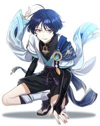 Rule 34 | 1boy, absurdres, anemo symbol (genshin impact), armor, arms at sides, artist name, black bodysuit, black bridal gauntlets, black hair, black leggings, blue cape, blue eyes, blue gemstone, blue kimono, blue sleeves, blunt ends, bodysuit, bridal gauntlets, bright pupils, cape, covered collarbone, eyeliner, eyeshadow, feathers, floral print, full body, furisode, gem, genshin impact, gold, gold ring, gold trim, hand on ground, highres, huban, japanese armor, japanese clothes, kimono, kote, kurokote, layered sleeves, leg warmers, leggings, looking at viewer, makeup, male focus, middle ring, open clothes, open hand, open kimono, parted lips, pillosopi, pom pom (clothes), red eyeliner, red eyeshadow, ringed eyes, sandals, scaramouche (genshin impact), short sleeves, shoulder peek, smirk, solo, squatting, stirrup legwear, toeless legwear, toes, tsurime, vision (genshin impact), wanderer (genshin impact), white background, white kimono, white leg warmers, white mouth, white pupils, white sleeves, white trim, wispy bangs, yellow feathers, zouri