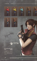 Rule 34 | 1girl, alternate costume, asymmetrical dual wielding, character name, claire redfield, concept art, denim, denim jacket, dual wielding, fingerless gloves, gloves, gun, highres, holding, holding gun, holding weapon, jacket, japanese text, jeans, lips, midriff, official art, pants, ponytail, popped collar, raincoat, resident evil, resident evil: the darkside chronicles, scarf, torn clothes, torn jeans, torn pants, variations, weapon