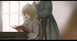 2girls book brushing_hair comb dress green_dress holding holding_comb indoors kouka_(mrakano5456) looking_at_object multiple_girls open_book original reading shadow solo_focus sunlight window