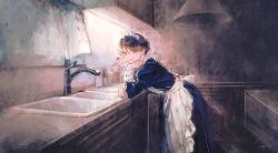 1girl apron black_dress black_hair brown_eyes cowboy_shot dress frilled_apron frills highres juliet_sleeves kitchen leaning_forward long_sleeves looking_at_viewer maid maid_apron maid_headdress original puffy_sleeves sink solo ueno_zousui white_apron wide_shot window