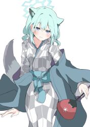 1girl animal_ears bath_yukata blue_archive blue_halo blush closed_mouth fingernails grey_kimono halo hand_fan highres holding holding_fan japanese_clothes kimono long_sleeves looking_at_viewer nail_polish obi official_alternate_costume paper_fan purple_eyes sash shigure_(blue_archive) shigure_(hot_spring)_(blue_archive) short_hair simple_background smile solo tail uchiwa weasel_ears weasel_girl weasel_tail white_background white_kimono yukata yukou_sui