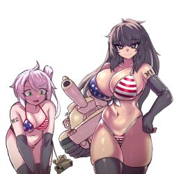2girls ahoge american_flag american_flag_bikini american_flag_print arm_tattoo bikini bincan breasts brown_eyes cameltoe collarbone elbow_gloves fingerless_gloves flag_print flag_print_bikini fourth_of_july gloves green_eyes hair_between_eyes highres huge_breasts inflatable_toy long_hair looking_at_viewer m1_abrams_(personification) m2_bradley m2_bradley_(personification) mecha_musume medium_breasts midriff military_vehicle motor_vehicle multiple_girls navel o-ring o-ring_bikini one_side_up original personification ponytail print_bikini skindentation smile stomach sweatdrop swimsuit tank tattoo thighhighs white_hair