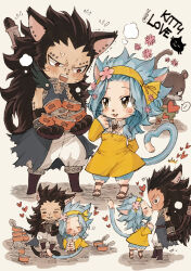 1boy 1girl black_hair blue_hair blush boots cat_boy cat_girl closed_eyes dress fairy_tail flying_sweatdrops gajeel_redfox headband heart highres kiss levy_mcgarden long_hair medium_hair multiple_views pantherlily profile rusky tail twitter_username yellow_dress