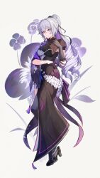 1girl absurdres asymmetrical_gloves black_dress black_footwear black_gloves breasts bronya_zaychik bronya_zaychik_(heart_of_the_night) bronya_zaychik_(silverwing:_n-ex) broseele chinese_commentary closed_mouth commentary_request dress drill_hair floral_background full_body gloves grey_eyes grey_hair high_heels highres honkai_(series) honkai_impact_3rd large_breasts long_hair mismatched_gloves official_alternate_costume solo