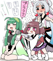 3girls :3 ahoge animal_ears blush blush_stickers closed_eyes drooling flying_sweatdrops fox_ears grey_hair highres hitachi_magic_wand japanese_clothes kimono long_hair medium_hair multiple_girls muneate pink_eyes rantana_(lalalalackluster) sex_toy shoulder_massage siblings sisters sitting solid_oval_eyes touhoku_itako touhoku_kiritan touhoku_zunko translated vibrator voiceroid wariza
