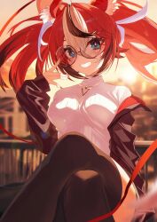 1girl absurdres adjusting_eyewear alternate_costume animal_ear_fluff animal_ears black_hair black_jacket black_thighhighs blue_eyes blurry blurry_background breasts colored_tips crossed_arms crossed_bangs double-parted_bangs gold_necklace grin hair_between_eyes hakos_baelz hand_up highres hololive hololive_english jacket jewelry jiang_ye_kiri long_hair looking_at_viewer medium_breasts mouse_ears mouse_girl multicolored_hair nail_polish necklace off_shoulder red_hair red_jacket red_nails ribbed_sweater sitting smile solo streaked_hair sweater thighhighs triangle_necklace turtleneck turtleneck_sweater twintails two-sided_fabric two-sided_jacket virtual_youtuber white_hair white_sweater