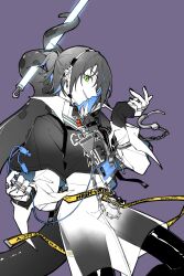 1girl arknights asbestos_(arknights) asbestos_(glen_sonata)_(arknights) blue_hair chain chinese_commentary colored_inner_hair commentary_request cuffs ear_piercing fingernails green_eyes highres holding holding_with_tail looking_at_viewer multicolored_hair official_alternate_costume pants partial_commentary partially_colored piaoliu_ping_ping_ping_pingzi piercing prehensile_tail profile purple_background short_hair simple_background solo standing tail