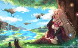 1girl apple apple_tree bare_shoulders between_legs black_bridal_gauntlets black_shoes black_thighhighs blonde_hair blue_sky bowtie breasts bridal_gauntlets cloud collared_dress dappled_sunlight day dress eating elbow_gloves elf food fruit full_body gloves glowing grass hair_between_eyes hair_ornament hairclip hand_between_legs hand_up holding holding_food holding_fruit k3nzoteruta knees_together_feet_apart light_particles long_hair looking_afar medium_breasts mountain on_grass open_mouth original outdoors pink_bow pink_bowtie pointy_ears red_eyes river shoes sitting sky sleeveless sleeveless_dress solo sunlight thighhighs tree twitter_username unworn_shoes very_long_hair water waterfall white_dress