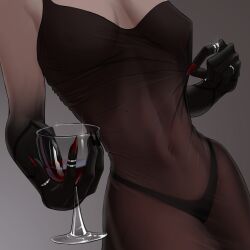 Rule 34 | 1girl, arlecchino (genshin impact), bekus, black dress, black hands, colored extremities, cup, dress, genshin impact, highres, holding, holding cup, non-web source