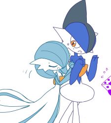 Rule 34 | 1boy, 1girl, alternate color, arm hug, blue hair, blue skin, bob cut, closed eyes, colored skin, flat chest, flat color, flying sweatdrops, gallade, gardevoir, gen 3 pokemon, gen 4 pokemon, grey hair, hair over one eye, hands up, happy, heart, letter, looking at another, love letter, mohawk, monya, motion lines, multicolored hair, multicolored skin, nintendo, one eye covered, open mouth, orange eyes, pokemon, pokemon (creature), shiny pokemon, short hair, simple background, smile, standing, sweat, two-tone hair, two-tone skin, u u, white background, white skin