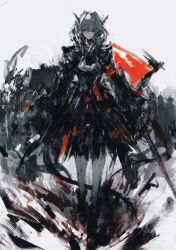 1girl :| absurdres arknights black_dress black_eyes black_horns closed_mouth dot_nose dragon_horns dress expressionless full_body grey_hair hair_between_eyes highres holding holding_sword holding_weapon horns looking_at_viewer medium_hair monochrome simple_background solo spot_color staring straight-on sword talulah_(arknights) tuda6 weapon white_background