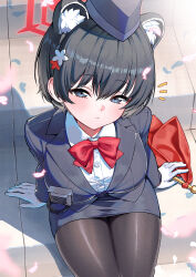 1girl animal_ear_fluff animal_ears arm_support black_hair black_hat black_jacket black_pantyhose black_skirt blue_archive blush bow bowtie breasts cherry_blossoms extra_ears falling_petals garrison_cap gloves halo hat highres jacket kabu_(niniko2ko) large_breasts long_sleeves looking_at_viewer miniskirt official_alternate_costume on_stairs outdoors pantyhose pencil_skirt petals raccoon_ears red_bow red_bowtie shirt short_hair sitting skirt solo thighs tsubaki_(blue_archive) tsubaki_(guide)_(blue_archive) walkie-talkie white_gloves white_shirt