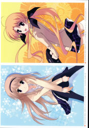Rule 34 | 2girls, absurdres, antenna hair, bag, black bow, black hairband, black pantyhose, blazer, blonde hair, blue background, bow, brown jacket, chaos;head, collarbone, collared shirt, exif rotation, floating hair, flower, hair bow, hairband, hands on own legs, highres, holding, holding bag, jacket, long hair, looking at viewer, looking back, multiple girls, multiple hair bows, non-web source, official art, open collar, open mouth, orange background, orihara kozue, pantyhose, partially unbuttoned, petticoat, plaid clothes, plaid skirt, pleated skirt, purple eyes, red eyes, sasaki mutsumi, school bag, school uniform, shirt, sitting, skirt, smile, snowflakes, sunflower, thighhighs, tongue, v arms, white petticoat, white shirt, white thighhighs, yellow background