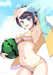 Rule 34 | 1girl, absurdres, bikini, black hair, blue eyes, blue jacket, blue sky, cloud, contrapposto, cowboy shot, dorai, food, fruit, highres, hololive, jacket, multicolored jacket, navel, official alternate costume, oozora subaru, oozora subaru (hololive summer 2019), polka dot hairband, polka dot headband, short hair, sky, solo, striped bikini, striped clothes, swimsuit, two-tone jacket, v, virtual youtuber, watermelon, yellow bikini