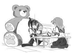 Rule 34 | 2girls, artist name, bed, bedroom, between legs, eudetenis, face-to-face, hand between legs, highres, indoors, kneehighs, looking at another, monochrome, multiple girls, neckerchief, open mouth, pleated skirt, sailor collar, sayuri (pretzelfan), school uniform, serafuku, short hair, side ponytail, sitting, skirt, socks, studying, stuffed animal, stuffed toy, table, tagme, teddy bear, wariza, wooden floor