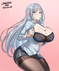 1girl artist_name black_bra black_pantyhose blue_eyes blush bra breasts cowboy_shot ethel_(xenoblade) gradient_background grey_hair grey_shirt highres jarckius lace lace_bra large_breasts open_clothes open_shirt pantyhose pink_background shirt simple_background solo underwear xenoblade_chronicles_(series) xenoblade_chronicles_3