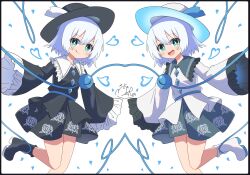 2girls :q absurdres alternate_color black_border black_hat black_shirt black_shoes black_skirt blue_bow blush border bow buttons closed_mouth collared_shirt diamond_button floral_print frilled_shirt_collar frilled_sleeves frills green_eyes green_sailor_collar green_skirt hat hat_bow high_meron highres koishi_day komeiji_koishi komeiji_koishi_(spontaneous_white_beauty) leg_up licking_lips long_sleeves multiple_girls open_mouth rose_print sailor_collar shirt shoes signature skirt smile standing standing_on_one_leg symmetry third_eye tongue tongue_out touhou white_bow white_hair white_hat white_sailor_collar white_shirt white_shoes