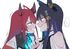 ... 2girls animal_ears black_hair blue_hair check_copyright closed_mouth copyright_request elizabeth_rose_bloodflame elizabeth_rose_bloodflame_(1st_costume) eye_contact highres hololive hololive_english long_hair looking_at_another meyshi mole mole_under_eye multicolored_hair multiple_girls nerissa_ravencroft nerissa_ravencroft_(1st_costume) parted_lips red_eyes red_hair spoken_ellipsis umamusume virtual_youtuber
