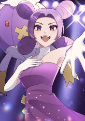 1girl :d absurdres blurry blurry_background commentary_request dress drifblim elbow_gloves eyelashes eyeshadow fantina_(pokemon) game_freak gen_4_pokemon gloves happy highres light_rays makeup mitarashi_mochiko nintendo open_mouth pokemon pokemon_(creature) pokemon_dppt purple_dress purple_eyes purple_hair quad_tails smile spread_fingers teeth tongue upper_teeth_only white_gloves