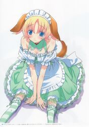 1girl absurdres animal_ears apron bare_shoulders blonde_hair blue_eyes blush bob_cut bow breasts cleavage_cutout clothing_cutout collar dog_ears dog_girl dog_tail dress embarrassed frilled_apron frilled_dress frilled_skirt frilled_sleeves frilled_thighhighs frills fukuda_tomonori green_bow green_collar green_dress green_ribbon hair_between_eyes highres horizontal-striped_thighhighs kidou_battle_gunvarrel looking_at_viewer maid maid_headdress medium_breasts off-shoulder_dress off_shoulder official_art palms_together petticoat ribbon robotics;notes short_hair sidelocks simple_background sitting skirt socks solo striped_clothes striped_socks tail thighhighs upskirt white_apron white_background yuuki_rosetta