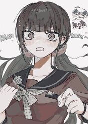 1girl black_sailor_collar blush bow bowtie brown_hair character_name d: danganronpa_(series) danganronpa_v3:_killing_harmony grey_bow grey_bowtie hair_ornament hair_scrunchie hairclip harukawa_maki heart highres long_hair low_twintails mole mole_under_eye momota_kaito open_mouth red_scrunchie red_shirt saihara_shuichi sailor_collar scrunchie shirt solo_focus star_(symbol) star_print twintails yasaijui