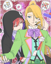 Rule 34 | 2boys, asymmetrical bangs, belt buckle, blonde hair, blue eyes, bow, bowtie, buckle, cloak, closed mouth, deidara (naruto), eyeliner, floral background, formal clothes, green nails, hair over one eye, halloween costume, hat, hayamin35, heart, high ponytail, highres, hood, hooded cloak, implied yaoi, licking lips, long hair, looking at another, makeup, male focus, multiple boys, naruto (series), naruto shippuuden, official alternate costume, ponytail, red eyes, red hair, sasori (naruto), short hair, sparkle, speech bubble, spoken heart, star (symbol), sweatdrop, tongue, tongue out, unworn hat, unworn headwear, vest