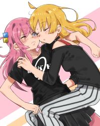 Rule 34 | 2girls, ahoge, black choker, black skirt, blonde hair, blue eyes, blush, bocchi the rock!, cheek-to-cheek, choker, closed eyes, closed mouth, commentary, cube hair ornament, gotoh hitori, hair ornament, heads together, highres, ijichi seika, kessoku band t-shirt, long sleeves, multiple girls, off-shoulder shirt, off shoulder, one eye closed, pants, parted lips, pink background, pink hair, pleated skirt, shirt, short sleeves, skirt, sleeping, striped clothes, striped pants, sweat, takao (88499191), two-tone background, white background, white pants, yuri
