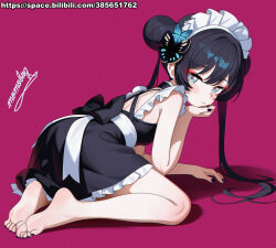 1girl barefoot black_dress black_hair black_nails blue_archive double_bun dress from_side full_body hair_bun highres kisaki_(blue_archive) long_hair maid maid_headdress momobug22 nail_polish red_background solo toenail_polish toenails twintails