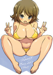 1girl animal_crossing barefoot bikini blush breasts brown_hair cleavage collarbone double_v grey_eyes large_breasts looking_at_viewer micro_bikini milestone_celebration muramasa_mikado murana_(muramasa_mikado) navel nintendo open_mouth original short_hair sitting smile spread_legs swimsuit thank_you underboob v villager_(animal_crossing) white_background yellow_bikini