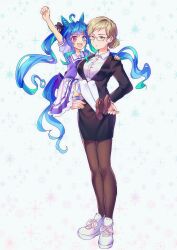 2girls :d @_@ ahoge animal_ears aqua_hair arm_up black_eyes black_jacket black_skirt blonde_hair blue_eyes blue_hair blue_tail blush borrowed_character breasts brown_pantyhose brown_shoes carrying carrying_person collared_shirt commentary_request crossed_bangs cynthia_(uuzz5324) dress_shirt expressionless female_trainer_(umamusume) formal_clothes full_body glasses hair_bun heterochromia highres horse_ears horse_girl horse_tail jacket korean_commentary lapels large_breasts long_hair long_sleeves looking_at_viewer mary_janes multicolored_hair multiple_girls notched_lapels oc_x_canon open_mouth original pantyhose parted_bangs pleated_skirt puffy_short_sleeves puffy_sleeves purple_eyes purple_shirt sailor_collar sailor_shirt school_uniform second-party_source semi-rimless_eyewear sharp_teeth shirt shoes short_hair short_sleeves single_hair_bun skirt skirt_suit smile sneakers standing suit suit_jacket summer_uniform tail teeth thighhighs tracen_school_uniform trainer_(umamusume) twin_turbo_(umamusume) twintails umamusume v-shaped_eyebrows white_sailor_collar white_shirt white_shoes white_skirt white_thighhighs zettai_ryouiki