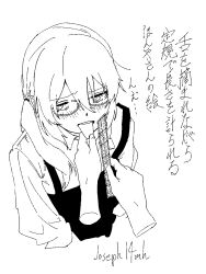 1girl glasses highres joseph14mh measuring ruler tongue tongue_out translation_request