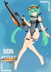 1girl absurdres barefoot breasts character_name competition_swimsuit covered_navel frame_arms_girl full_body goggles goggles_on_head green_eyes green_hair gun highres holding holding_weapon kotobukiya kotobukiya_bishoujo long_hair looking_at_viewer low_twintails mecha_musume medium_breasts one-piece_swimsuit rifle smile solo stylet swimsuit thigh_strap turkeysand_(fernandear_504) twintails variant_set weapon
