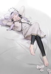 1girl absurdres barefoot bed_sheet black_hairband black_leggings blue_archive blush covering_own_mouth dress feet flower full_body grey_hair hair_flower hair_ornament hair_tubes hairband halo highres himari_(blue_archive) jacket leggings legs long_hair long_sleeves looking_at_viewer lying mole mole_under_eye on_back purple_eyes purple_hair socks solo striped_clothes striped_hairband toenails toes white_dress white_flower white_jacket yunkkker