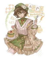 1girl :d absurdres brown_coat brown_hair cake cherry coat commission cowboy_shot dated food frilled_skirt frills fruit green_eyes green_hat green_shirt green_skirt grey_sweater hand_up happy_birthday hat highres holding holding_cake holding_food holding_spoon miniskirt mole mole_under_eye open_mouth recoleta_(reverse:1999) reverse:1999 ribbed_sweater shirt short_hair skirt smile solo spoon sweater white_background yelin_yoru