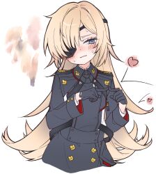 1girl black_dress black_gloves blonde_hair blue_eyes blush breasts dress eyepatch flat_chest gloves goddess_of_victory:_nikke guillotine_(nikke) half_gloves heart highres index_finger_raised long_hair looking_to_the_side military_uniform nervous small_breasts solo sweat tu_pa_pa_pa upper_body wavy_hair