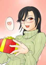 00s 1girl bad_id bad_pixiv_id black_hair blush female_focus gift glasses green_shirt harada_chie heart holding holding_gift my-hime red_eyes ruruka shirt short_hair solo sweater turtleneck