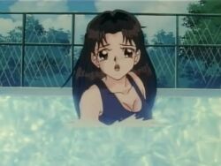 1girl air_bubble animated barefoot breasts brown_eyes brown_hair bubble blowing_bubbles cleavage large_breasts long_hair mirai_choujuu_fobia one-piece_swimsuit partially_submerged pool poolside school_swimsuit shinobu submerged swimming swimsuit tagme underwater video water