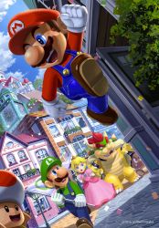1girl 3boys absurdres armlet black_eyes blonde_hair blue_eyes blue_overalls blue_sky bowser brown_footwear brown_hair building castle clock clock_tower cloud commentary confetti crown dress earrings english_commentary facial_hair fangs flag gloves goomba green_headwear green_shirt hat highres holding holding_flag horns jewelry jumping long_hair luigi mario mario_(series) multiple_boys mustache nintendo official_style open_mouth out_of_frame overalls pink_dress princess_peach red_eyes red_hair red_headwear red_shirt shadow sharp_teeth shell shirt shoes short_hair sky smile spiked_armlet sunlight teeth toad_(mario) tower town twitter_username watermark white_gloves yuuma_rimi