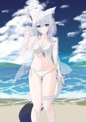 1girl absurdres ahoge alternate_costume animal_ears aqua_eyes beach bikini blush braid breasts cleavage closed_mouth cloud cloudy_sky collarbone fox_ears fox_girl fox_tail frilled_thigh_strap hair_between_eyes highres hololive long_hair looking_at_viewer medium_breasts navel see-through_clothes shirakami_fubuki side-tie_bikini_bottom side_braid sim0503 sky smile solo stomach swimsuit tail thigh_strap very_long_hair virtual_youtuber white_bikini