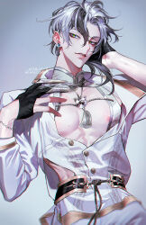 1boy abs aiguillette areola_slip bare_pectorals bell belt bishounen black_belt black_gloves black_hair bracelet buttons cleavage_cutout clothing_cutout commentary cowboy_shot dated ear_piercing earrings english_commentary eyeshadow fake_nails gem gloves green_eyes grey_background grey_hair hair_between_eyes half_gloves hand_in_own_hair hand_up highres jacket jewelry jingle_bell long_sleeves looking_at_viewer low_ponytail makeup male_focus mandarin_collar medium_hair mole mole_on_chest mole_under_mouth multicolored_hair necklace nipples nu_carnival open_clothes owner_bird pants parted_lips partially_fingerless_gloves pectoral_cleavage pectorals piercing ponytail rei_(nu_carnival) shirt short_hair simple_background single_earring smile solo streaked_hair sweater_guard tassel tassel_earrings teeth toned toned_male twitter_username two-tone_hair upper_body very_long_fingernails white_jacket white_shirt