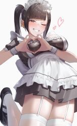 1girl absurdres alternate_costume apron ars_rg0412 black_hair black_shoes breasts from_below garter_straps goddess_of_victory:_nikke heart heart_hands highres large_breasts light_blush looking_at_viewer maid maid_apron maid_headdress mole mole_under_eye shoes solo sora_(nikke) thighhighs twintails white_background white_garter_straps white_thighhighs