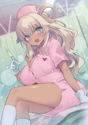 1girl :d absurdres aqua_eyes arm_at_side blonde_hair blurry blurry_background blush bokeh borrowed_character breasts cleavage commission commissioner_name crossed_legs curtains dark-skinned_female dark_skin day depth_of_field dress feet_out_of_frame gloves hair_flaps hair_rings hand_rest hand_up happy hat heart highres holding holding_syringe indoors kneehighs large_breasts long_hair looking_at_viewer nurse nurse_cap open_mouth original pink_dress pink_hat second-party_source short_sleeves sidelocks single_hair_ring skeb_commission smile socks solo sparkle syringe thank_you wavy_hair white_gloves white_socks yuzuki_gao