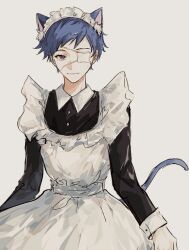 1boy alternate_costume animal_ear_fluff animal_ears apron black_dress blue_hair buttons cat_boy cat_ears cat_tail closed_mouth collared_dress cowboy_shot crossdressing dress duzhanjiekedewenrou enmaided ensemble_stars! eyepatch frilled_apron frills fushimi_yuzuru grey_background happy kemonomimi_mode light_smile long_dress looking_at_viewer maid maid_headdress male_focus medical_eyepatch mole mole_under_eye purple_eyes short_hair simple_background solo tail white_apron white_sleeve_cuffs
