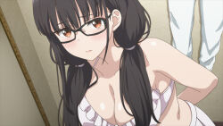 1girl anime_screenshot arm_behind_back bare_shoulders bikini black-framed_eyewear black_hair blush breasts brown_eyes cleavage closed_mouth collarbone commentary_request glasses highres indoors irido_yume large_breasts long_hair looking_at_viewer mamahaha_no_tsurego_ga_moto_kano_datta official_art solo standing swimsuit twintails white_bikini