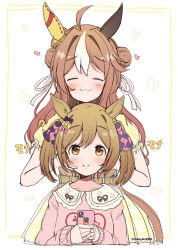 2girls :i ? ahoge animal_ears black_bow blush bow brown_eyes brown_hair cellphone closed_eyes closed_mouth collarbone collared_shirt commentary_request copano_rickey_(umamusume) hair_bow hair_intakes heart highres holding holding_phone horse_ears horse_girl horse_tail long_hair long_sleeves multicolored_hair multiple_girls phone pink_bow pink_shirt plaid_clothes plaid_skirt pleated_skirt puffy_long_sleeves puffy_short_sleeves puffy_sleeves rakugakiraid shirt short_sleeves skirt sleeves_past_wrists smart_falcon_(umamusume) streaked_hair tail translation_request twintails twitter_username umamusume very_long_hair white_background white_hair yellow_bow yellow_shirt yellow_skirt