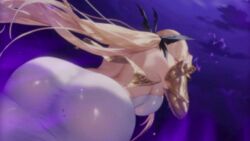 1girl animated ass back backboob backless_dress backless_outfit black_ribbon breasts brown_dust_(series) brown_dust_2 cleavage covered_navel curvy dress gauntlets glowing_tattoo hair_ribbon highres holding holding_sword holding_weapon huge_ass huge_breasts long_hair mask mature_female mouth_mask official_art olivier_(brown_dust) pubic_tattoo ribbon sound subtitled sword tagme tattoo thick_thighs thighs tight_clothes tight_dress very_long_hair video weapon white_dress wide_hips