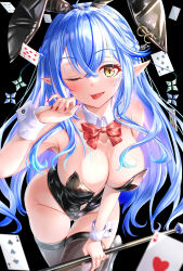 1girl ;p absurdres ahoge alternate_costume animal_ear_hairband animal_ears ayakase_hotaru black_leotard black_shoes black_thighhighs blue_background blue_hair blush bow bowtie braid breasts cane card coat colored_tips crossed_bangs detached_collar double-parted_bangs fake_animal_ears groin hair_between_eyes hairband half_up_half_down_braid heart heart_ahoge highleg highleg_leotard highres holding holding_cane hololive large_breasts leotard long_hair looking_at_viewer multicolored_hair nail_polish one_eye_closed playboy_bunny playing_card pointy_ears rabbit_ear_hairband rabbit_ears red_bow red_bowtie red_nails shoes short_hair solo strapless strapless_leotard streaked_hair thighhighs tongue tongue_out traditional_bowtie very_long_hair virtual_youtuber white_coat yellow_eyes yukihana_lamy